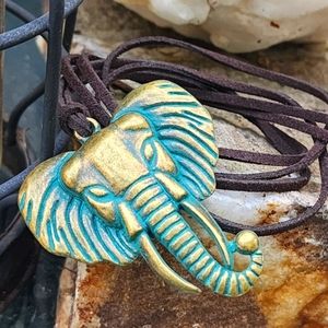 Anthropologie Jewelry "Antique Gold" Green Patina Elephant Black Leather